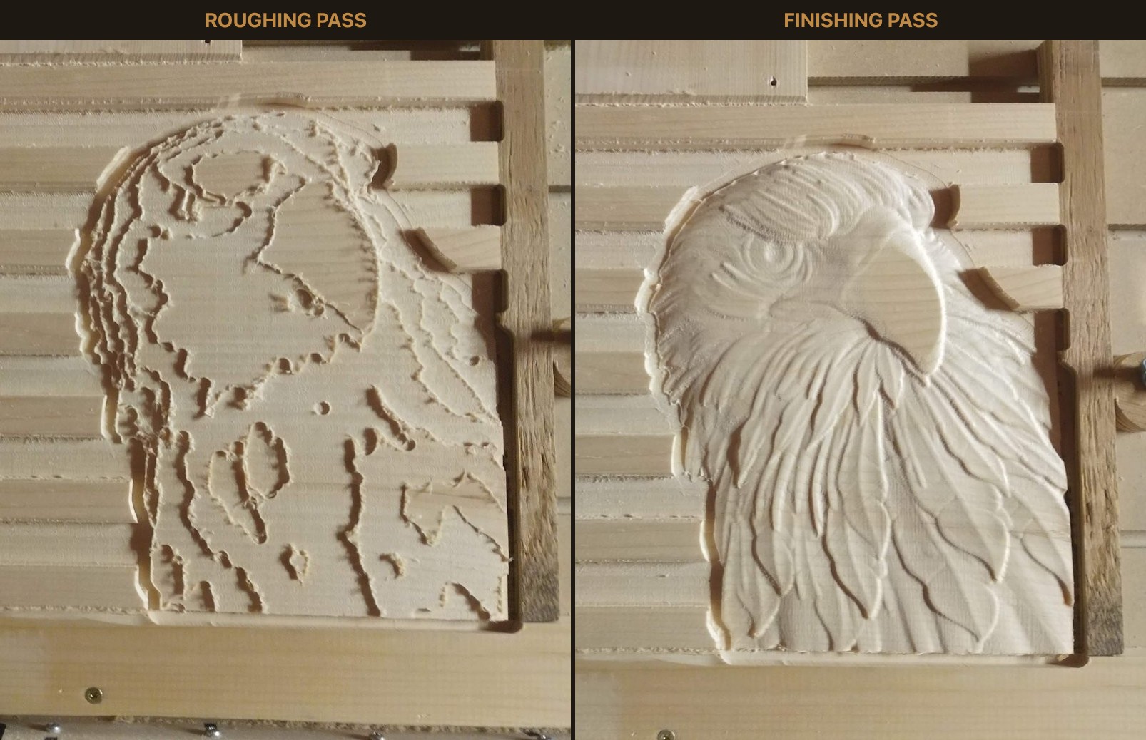 CNC 3D carve comparison showing rough pass versus smooth finishing pass