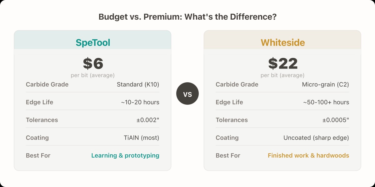 Budget SpeTool bits compared to premium Whiteside endmills