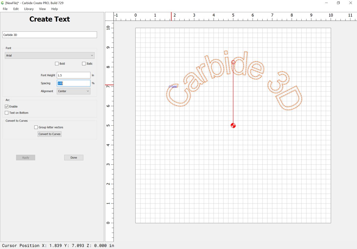 Carbide Create interface with a basic sign design and toolpath preview