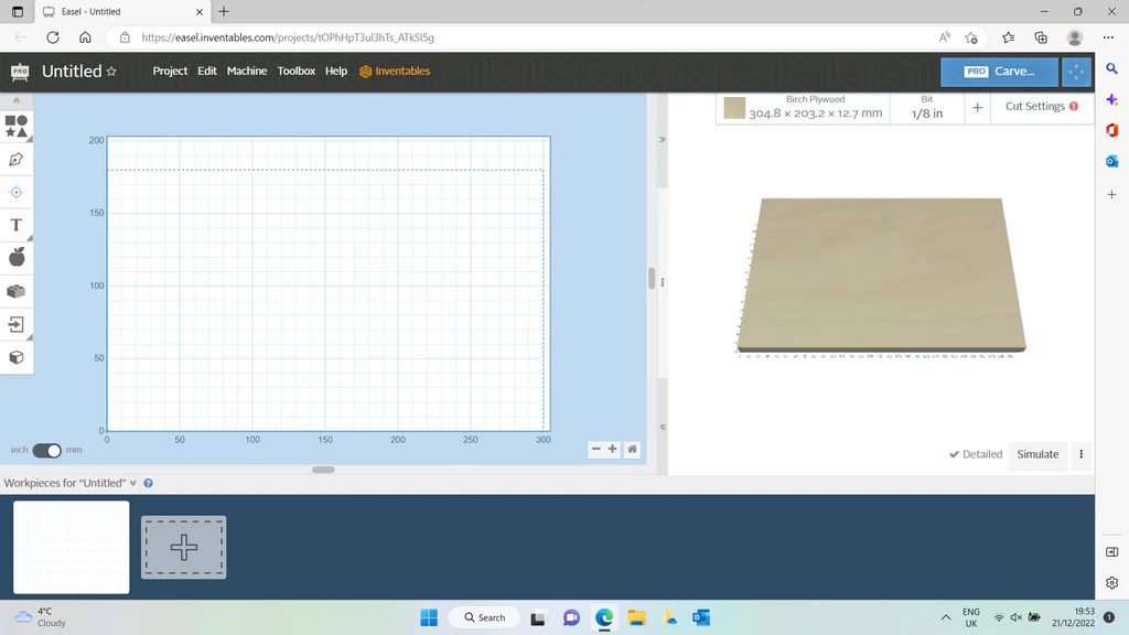 Easel's browser-based CNC design interface showing a simple cut project