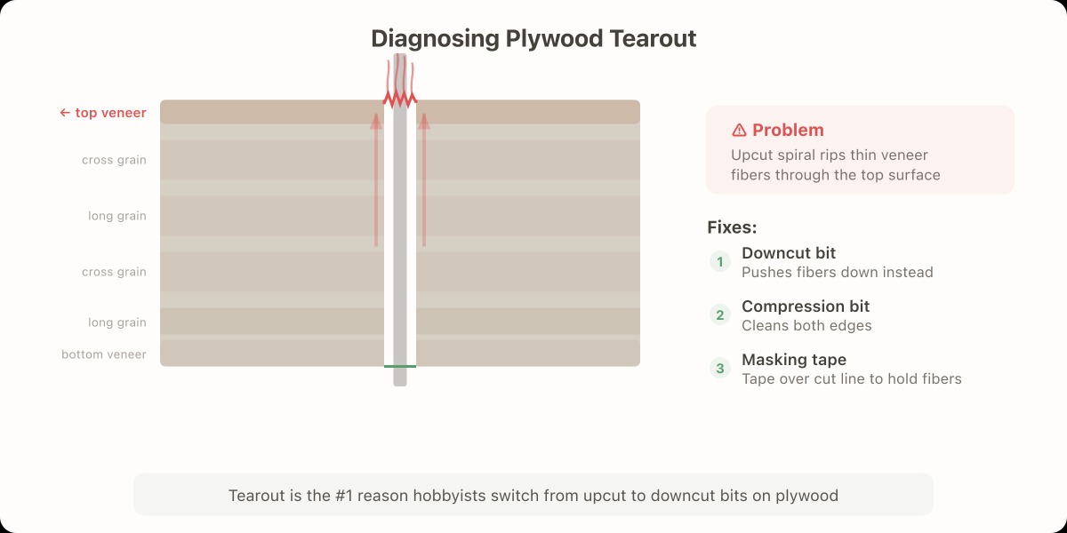 Upcut tearout on plywood top surface