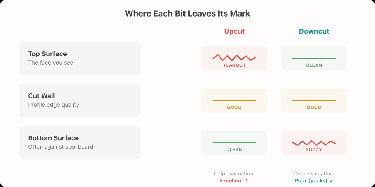 Comparison of upcut vs downcut vs compression bit results on plywood