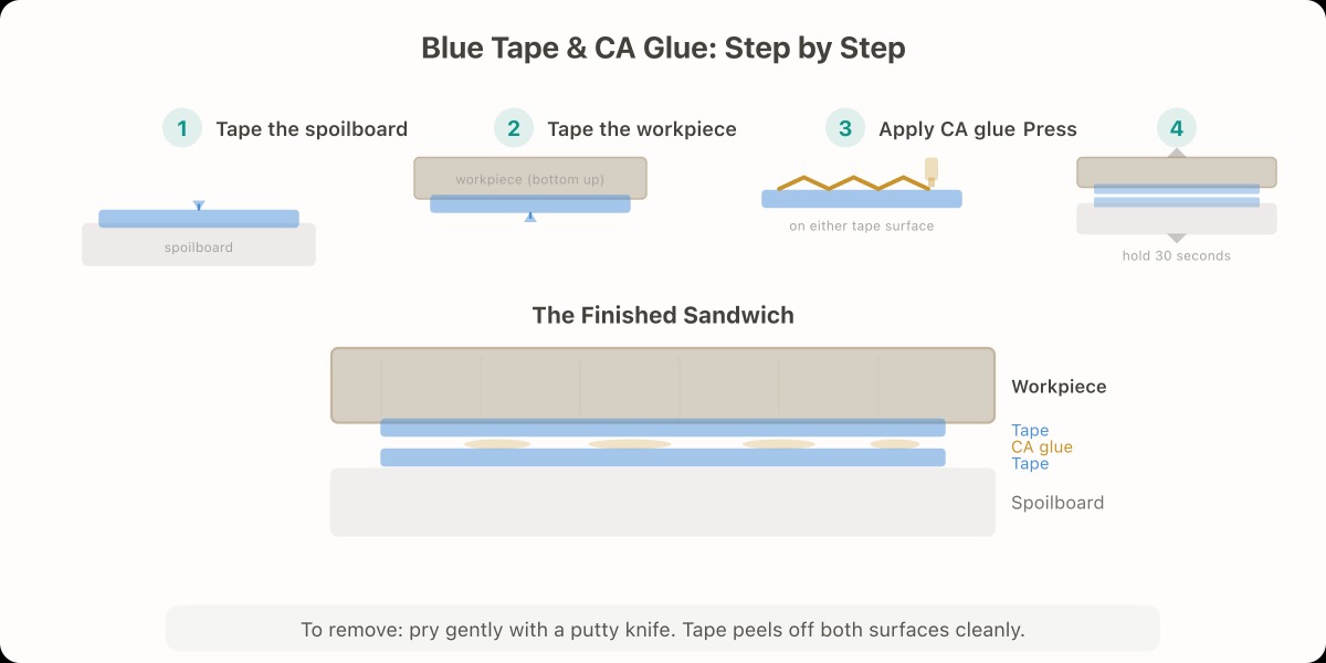 Blue tape and CA glue workholding technique for CNC
