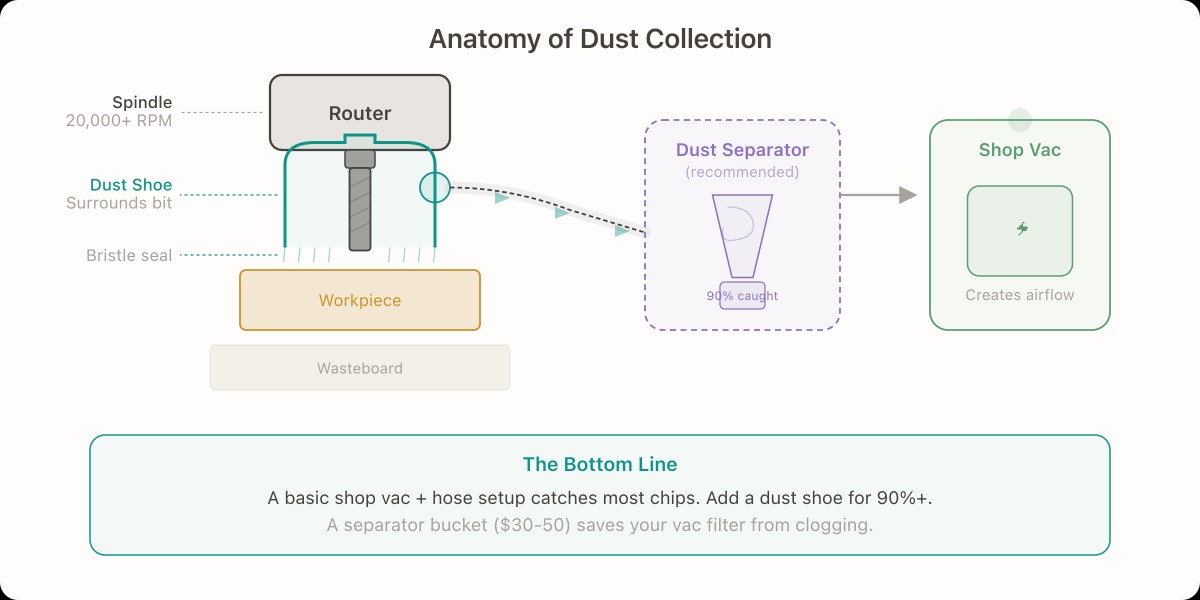 CNC router dust shoe collecting chips during cutting
