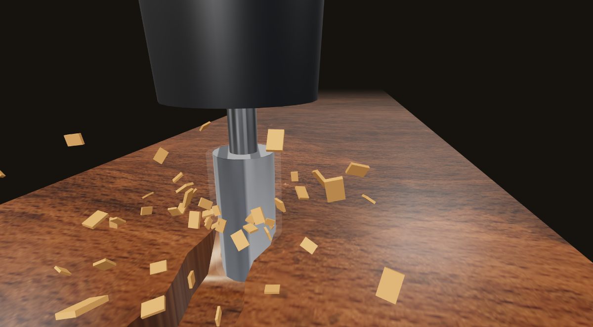 CNC chatter throwing large wood chips with wavy chattered cut walls