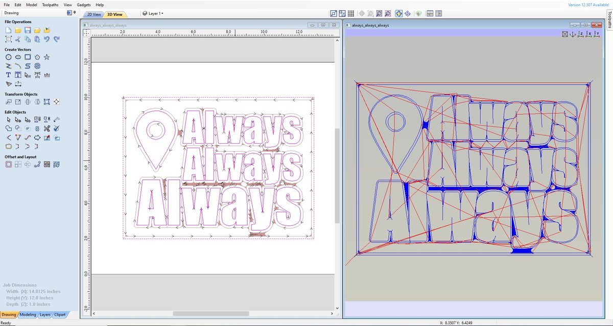 VCarve Pro software interface showing CNC toolpath design