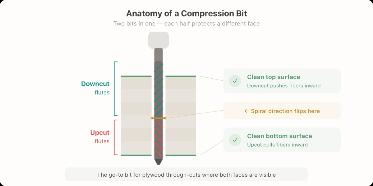 Plywood cut with compression bit showing clean edges on both sides
